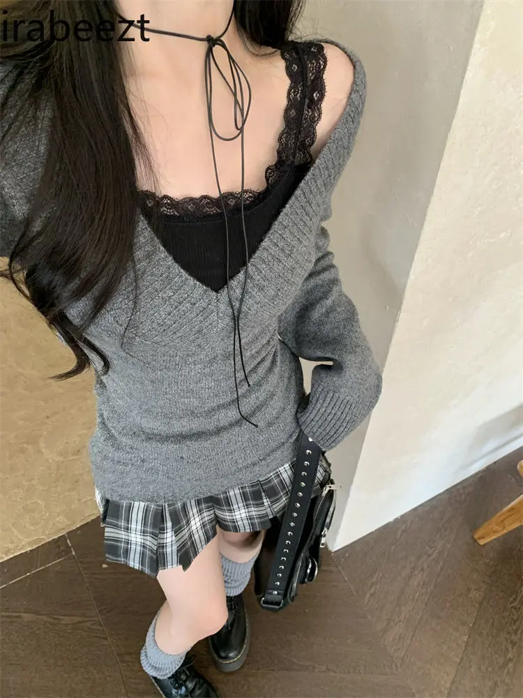 Hot Girls Retro Suit Women Autumn-winter Plus Size Inside Vest V-neck Sweater Slim-fit Skirt Three-piece Set