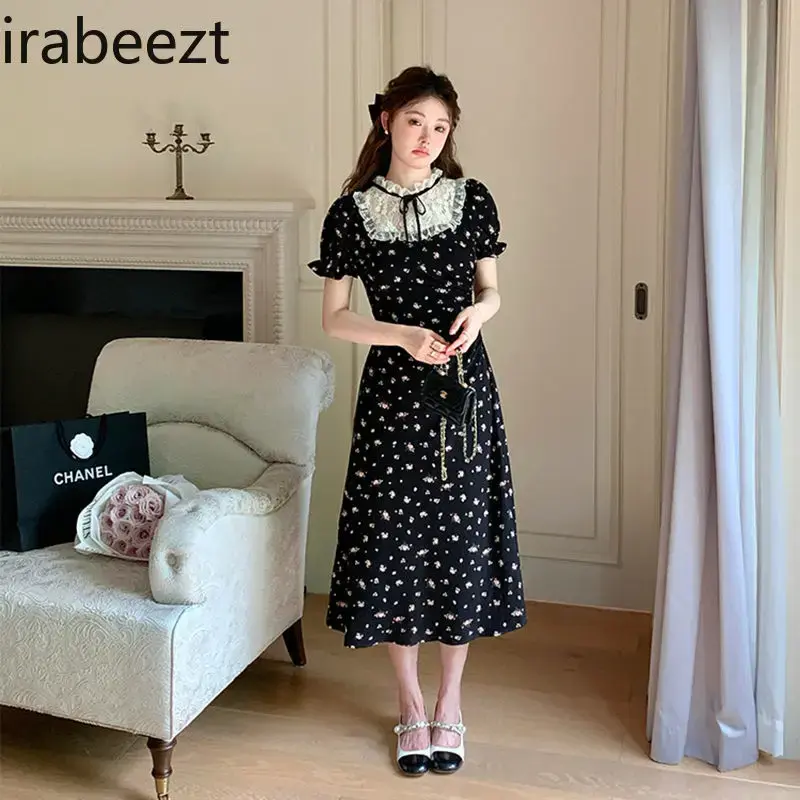 French Tea Break Lace Patchwork Black Floral Robe Sweet Waist A-line Little Black Dress Girly Regular Fit Vestidos De Mujer