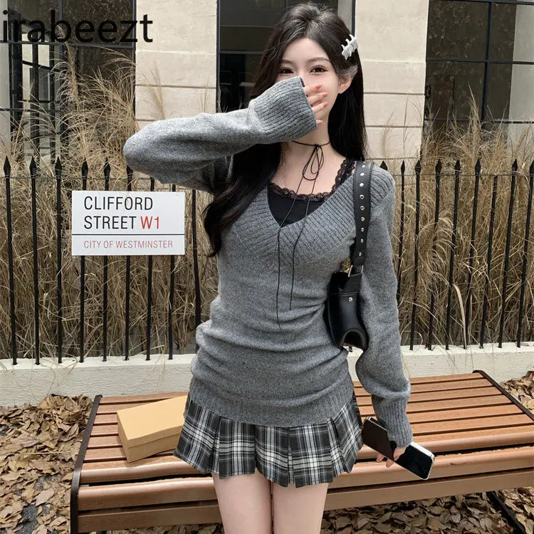 Hot Girls Retro Suit Women Autumn-winter Plus Size Inside Vest V-neck Sweater Slim-fit Skirt Three-piece Set