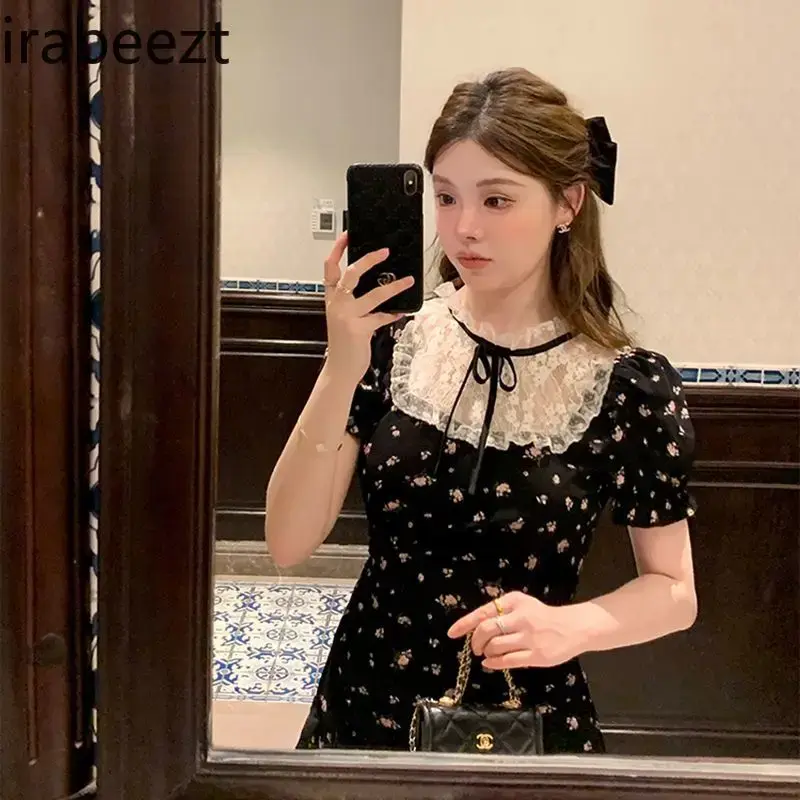 French Tea Break Lace Patchwork Black Floral Robe Sweet Waist A-line Little Black Dress Girly Regular Fit Vestidos De Mujer