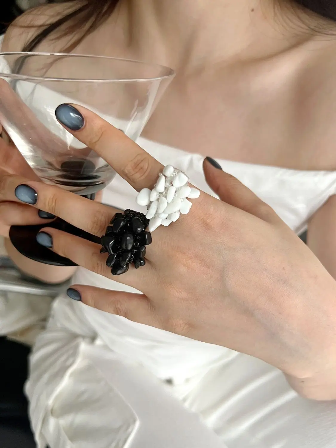 Korean Minority Braided Elastic Beaded Handmade Gravel Ring Personality Adjustable Index Finger Ring Female Retro Luxury