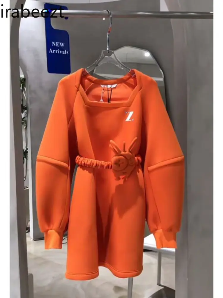 2025 New Autumn and Winter Korean Style Loose Pullover Casual Niche Design Solid Color Mid-length Sweatshirt Dress for Women