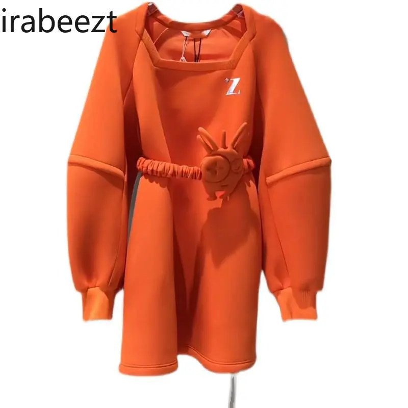 2025 New Autumn and Winter Korean Style Loose Pullover Casual Niche Design Solid Color Mid-length Sweatshirt Dress for Women