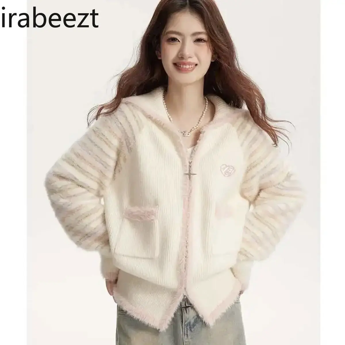 Cream Stripe Splicing V-shaped Large Lapel Zipper Knit Cardigan Autumn and Winter New Love Embroidered Coat Women's Top