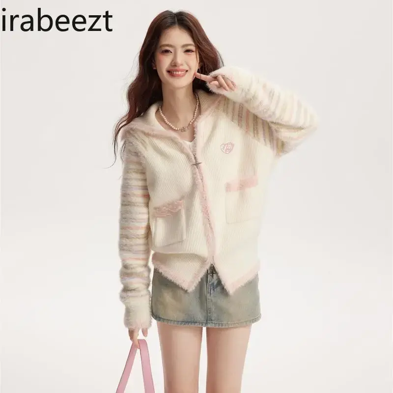 Cream Stripe Splicing V-shaped Large Lapel Zipper Knit Cardigan Autumn and Winter New Love Embroidered Coat Women's Top