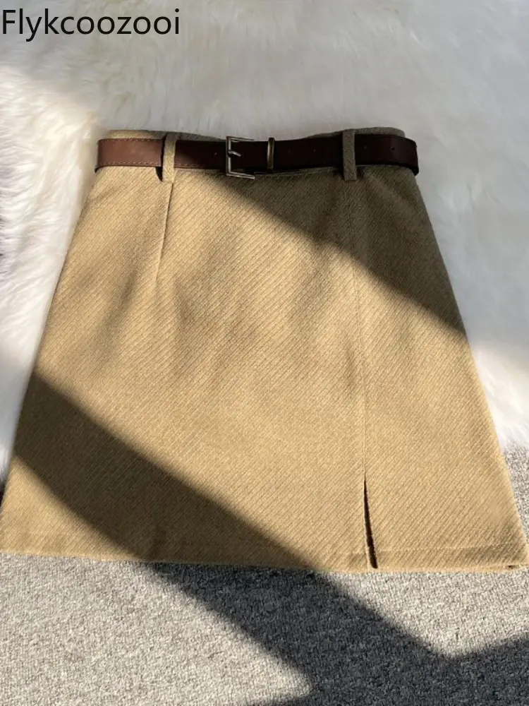 High-grade Solid Color Woolen Skirt for Women 2024 Autumn and Winter New Tweed Suit Skirt High Waist with Thin Belt