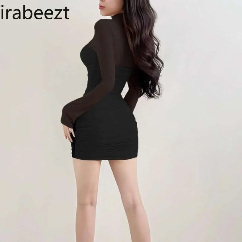 Women's Sexy Turtleneck Bodycon Dress with Mesh Panel & Long Sleeves Fall Autumn Outfit Elegant Glittery Party Wear
