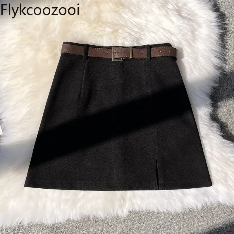 High-grade Solid Color Woolen Skirt for Women 2024 Autumn and Winter New Tweed Suit Skirt High Waist with Thin Belt