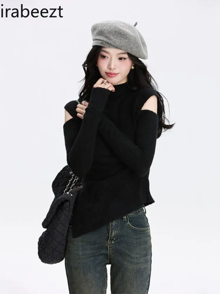 Off-shoulder Turtleneck Knitwear in Autumn and Winter Slimming Irregular Carefully Designed Base Sweater Streetwear Pullover