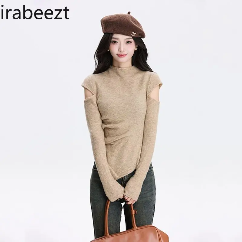 Off-shoulder Turtleneck Knitwear in Autumn and Winter Slimming Irregular Carefully Designed Base Sweater Streetwear Pullover