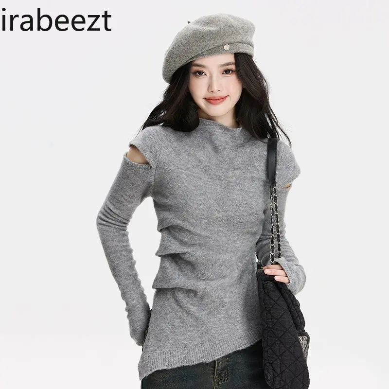 Off-shoulder Turtleneck Knitwear in Autumn and Winter Slimming Irregular Carefully Designed Base Sweater Streetwear Pullover