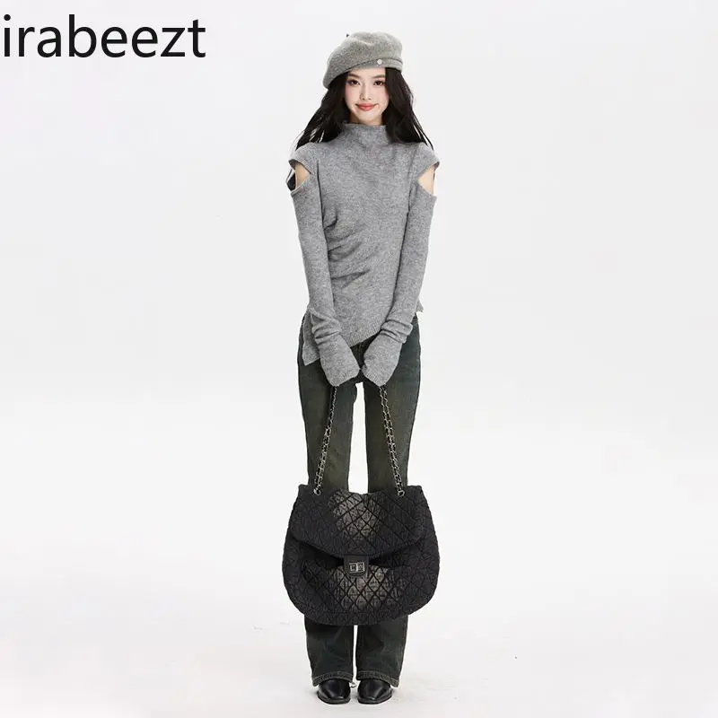 Off-shoulder Turtleneck Knitwear in Autumn and Winter Slimming Irregular Carefully Designed Base Sweater Streetwear Pullover