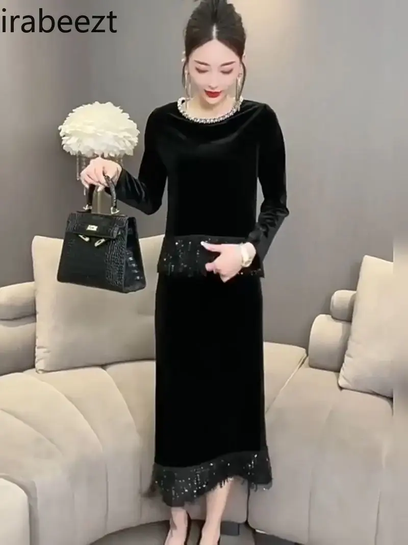 Fashion Set for Women 2024 Autumn Temperament Slimming Heavy Sequin Small Shirt Mid-length Skirt Canary Two-piece Set