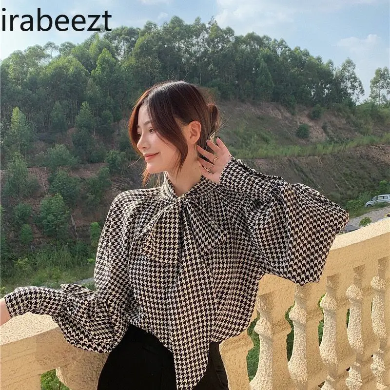 Spring New Plaid Shirts Women Tops with Bow Fashion Blouse Ladies Casual Tops Female Clothing Camisas De Mujer