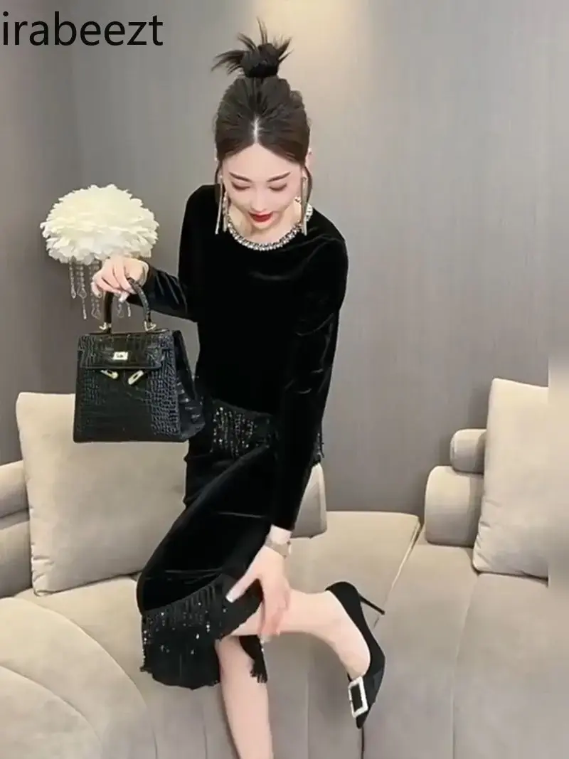 Fashion Set for Women 2024 Autumn Temperament Slimming Heavy Sequin Small Shirt Mid-length Skirt Canary Two-piece Set