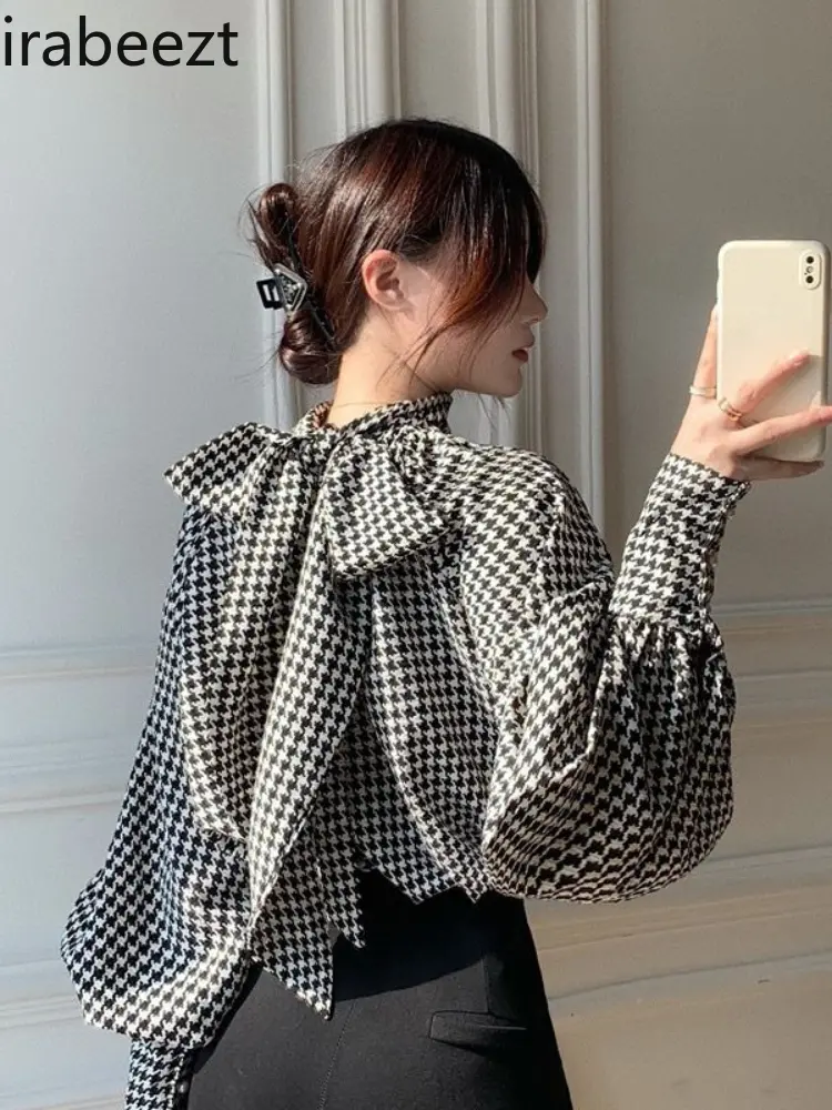 Spring New Plaid Shirts Women Tops with Bow Fashion Blouse Ladies Casual Tops Female Clothing Camisas De Mujer