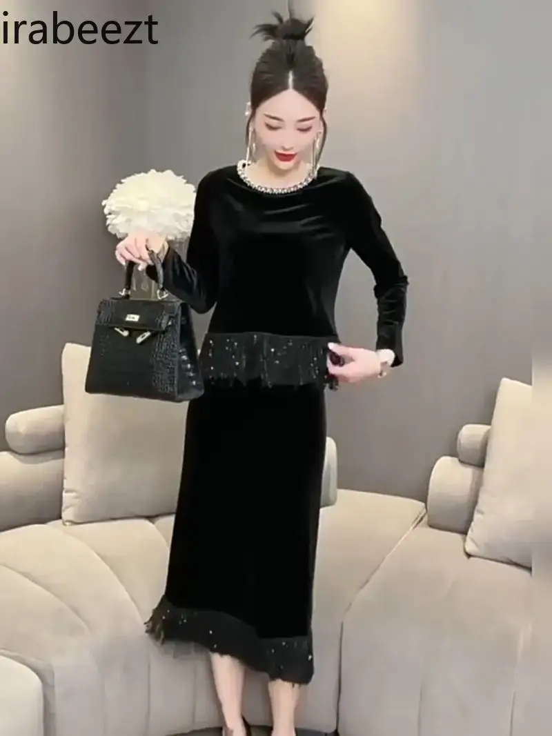 Fashion Set for Women 2024 Autumn Temperament Slimming Heavy Sequin Small Shirt Mid-length Skirt Canary Two-piece Set