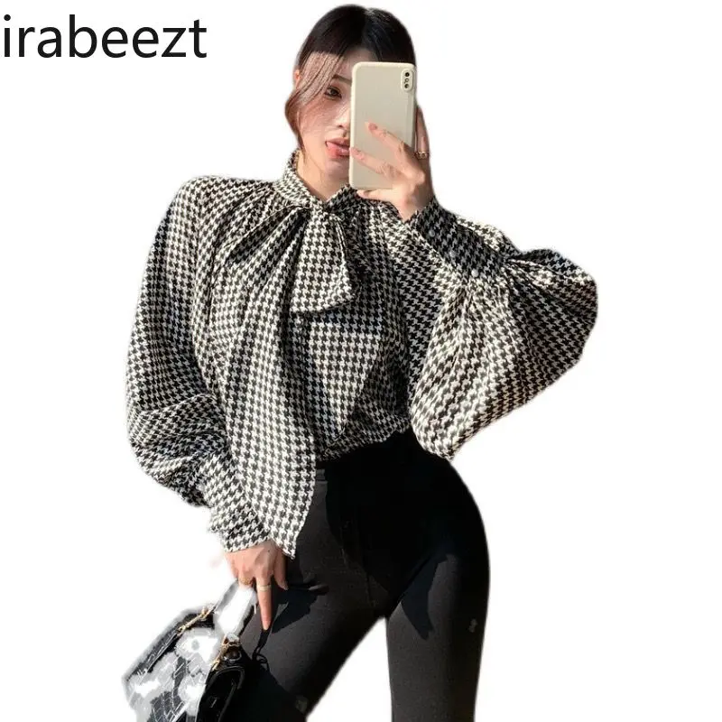 Spring New Plaid Shirts Women Tops with Bow Fashion Blouse Ladies Casual Tops Female Clothing Camisas De Mujer