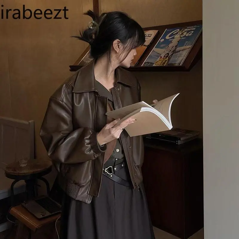 2024 Spring and Autumn Winter Motorcycle Leather Jacket Short Vintage High-grade Female Thickened Fashion Design Coat