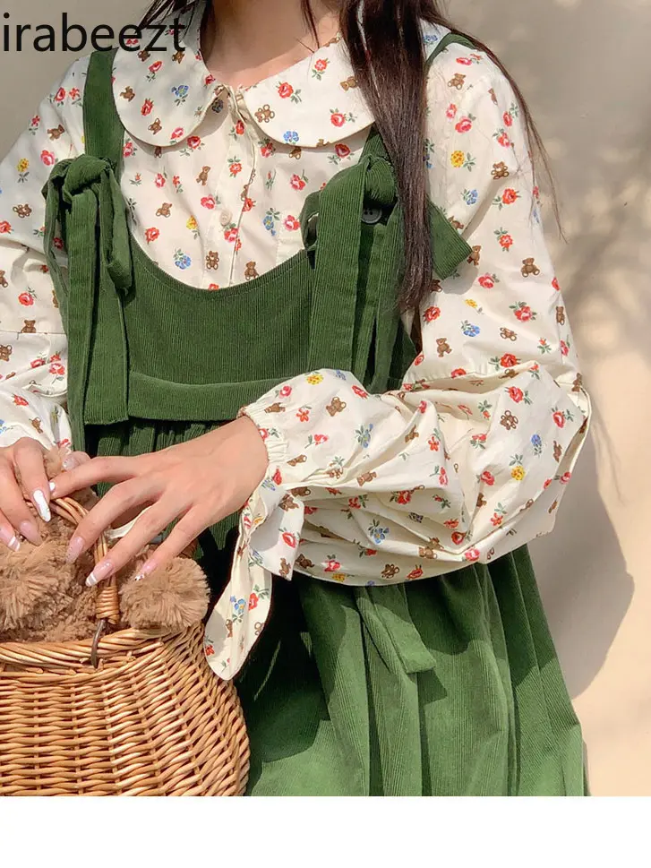 Big Size Women's Spring New Japanese College Style Age Reduction Back Dress Set Fat Women Loose Thin Floral Shirt
