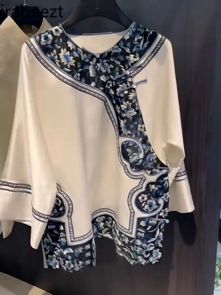 New Chinese Style Blue Embroidered Oblique-breasted Gown Imitation Mulberry Silk Printed Song Brocade Shirt Tops for Women