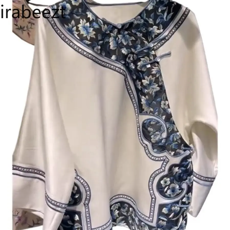 New Chinese Style Blue Embroidered Oblique-breasted Gown Imitation Mulberry Silk Printed Song Brocade Shirt Tops for Women