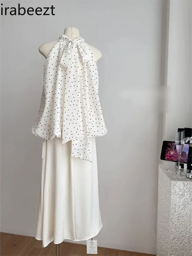 2025 Summer New Korean Fashion Raglan Halter Polka Dot Flower Bud Top + Skirt Temperament Two-piece Set Ropa Mujer