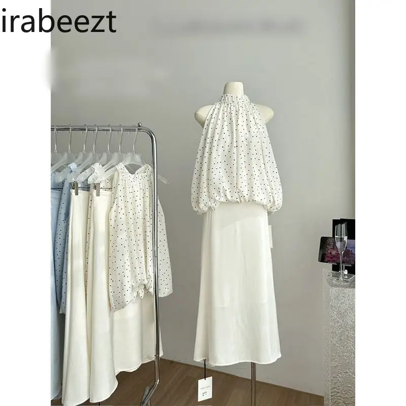 2025 Summer New Korean Fashion Raglan Halter Polka Dot Flower Bud Top + Skirt Temperament Two-piece Set Ropa Mujer