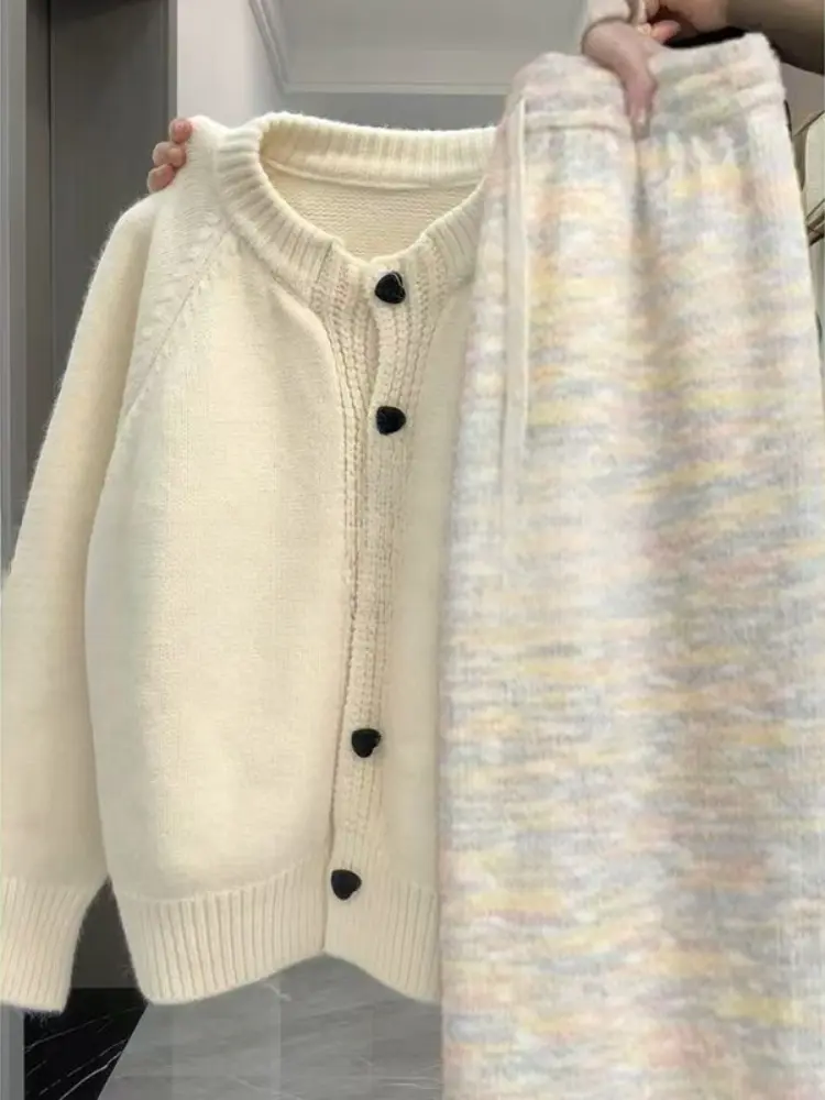 Autumn and Winter Wear New Fashion Slouchy Age Reduction Knit Cardigan Wide-leg Pants Two Pieces Suits Women Conjunto Femenino