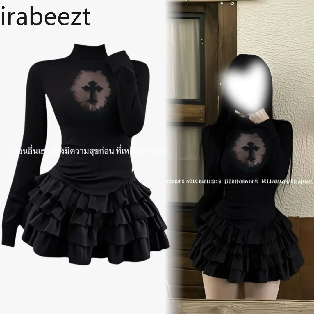 High Collar Dark Gothic Cross Hollow Micro-transparent Slim Bottoming Shirt Women's Puffy Skirt Fashion Suit Spring and Autumn