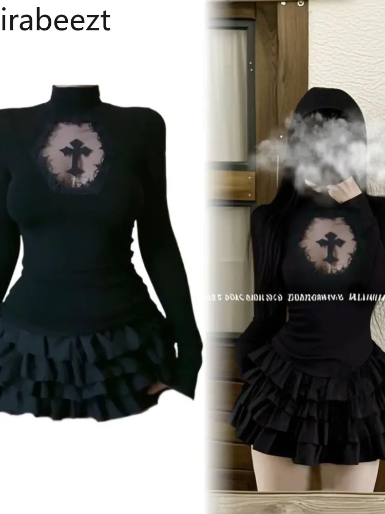 High Collar Dark Gothic Cross Hollow Micro-transparent Slim Bottoming Shirt Women's Puffy Skirt Fashion Suit Spring and Autumn