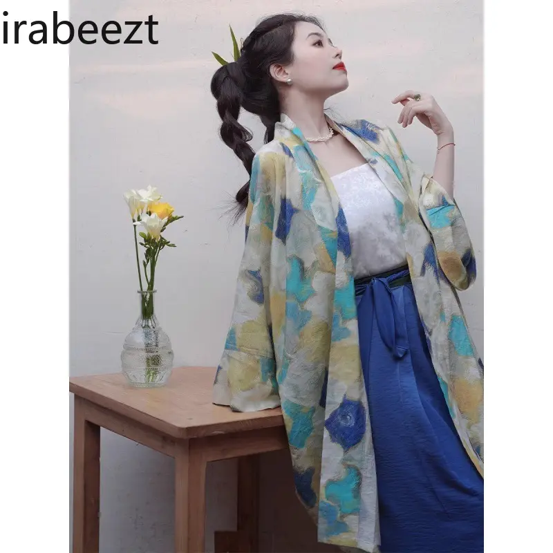 New Chinese Style Loose Plus Size Women's Top Floral Print Wide Sleeve Hanfu Cardigan Elegant Boho Blouse Casual Vintage Tunic