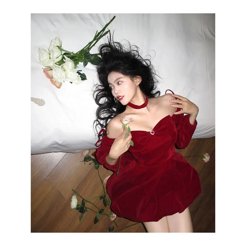 Fashion French Velvet Dress for Women Autumn/Winter 2023 Red Christmas Dress Women Wedding Dresses Regular Fit Evening Dresses