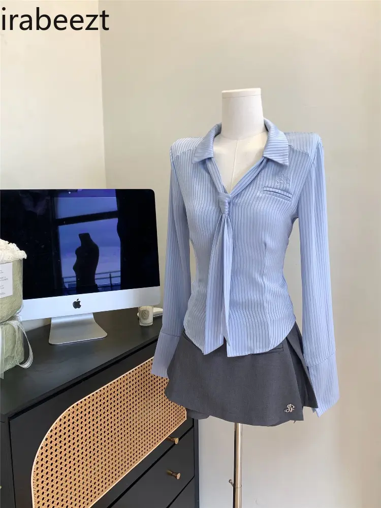 Silky Waist Slim Fit Lapel Solid Color Shirt Long Sleeves Women's Tie Top Half Skirt Pants Two Piece Suit Conjuntos De Mujer
