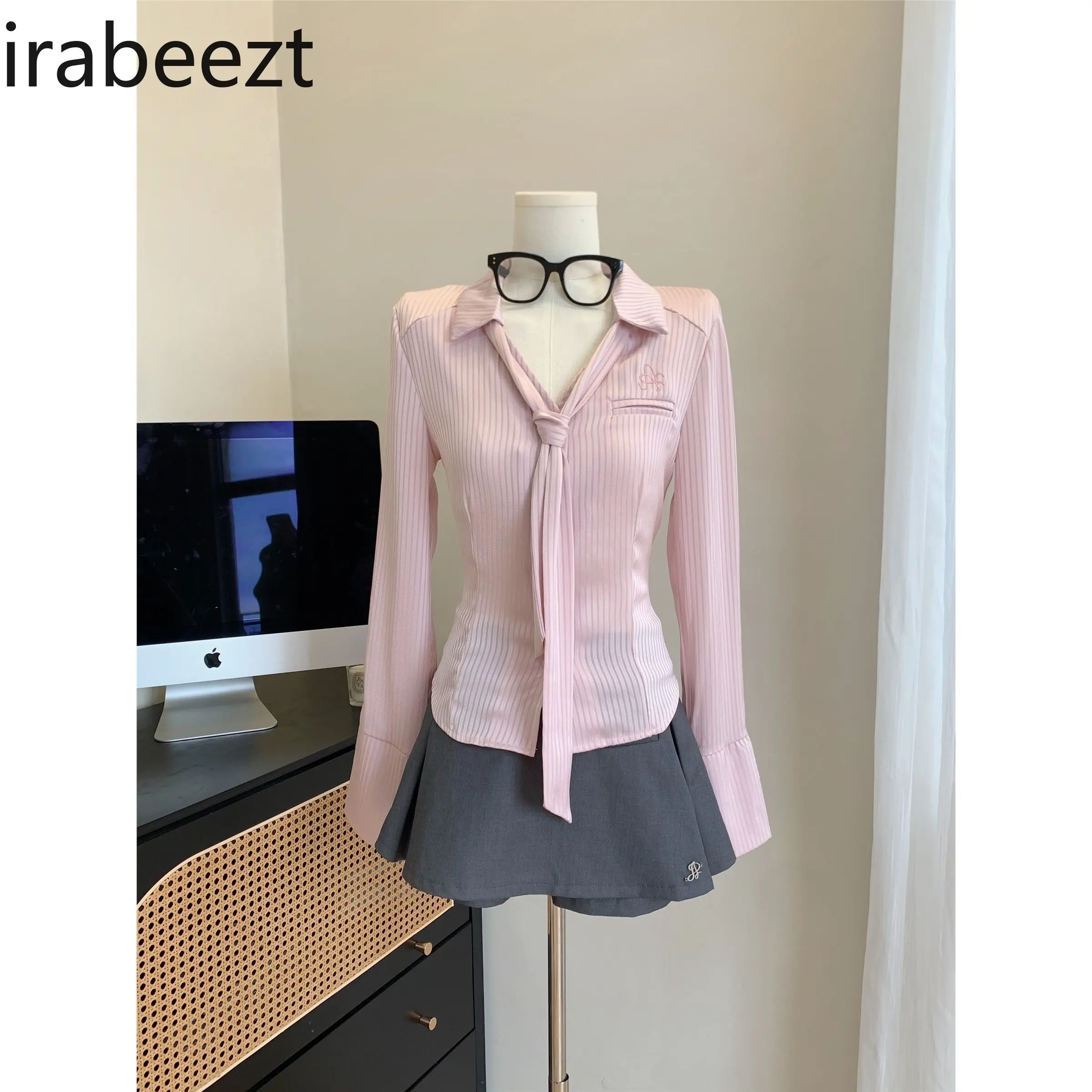 Silky Waist Slim Fit Lapel Solid Color Shirt Long Sleeves Women's Tie Top Half Skirt Pants Two Piece Suit Conjuntos De Mujer