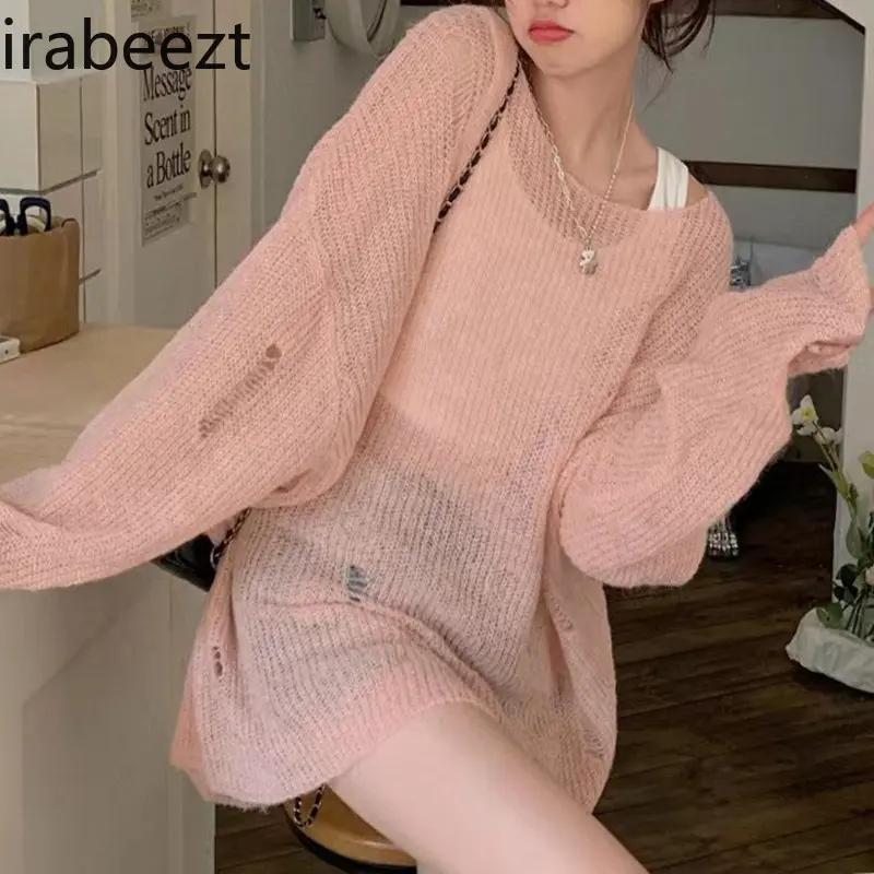 2024 Spring and Summer Long-sleeved Loose Sun Protection Shirt Pink Top Lazy Design Niche Ripped Sweater for Women