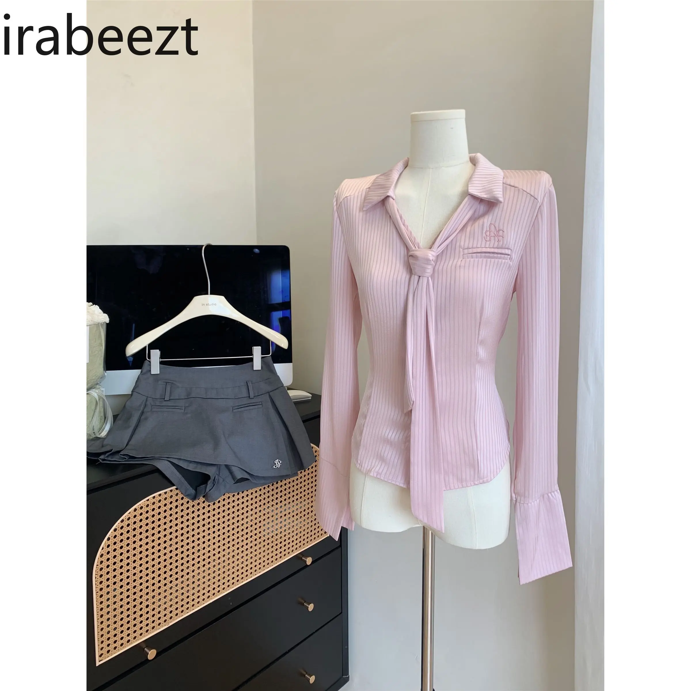 Silky Waist Slim Fit Lapel Solid Color Shirt Long Sleeves Women's Tie Top Half Skirt Pants Two Piece Suit Conjuntos De Mujer