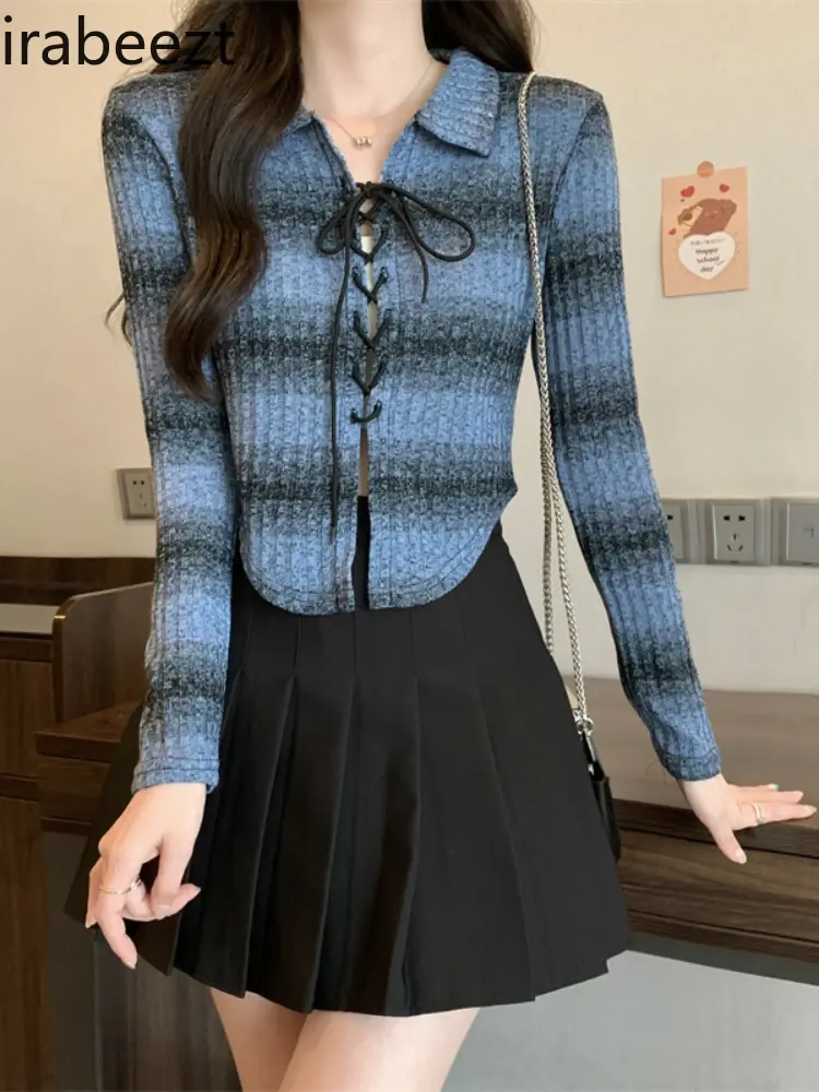 Polo Collar Long Sleeve Short Style Advanced Sense Of Design Small Niche Spice Girl American Vintage Knit Top Sueter Mujer