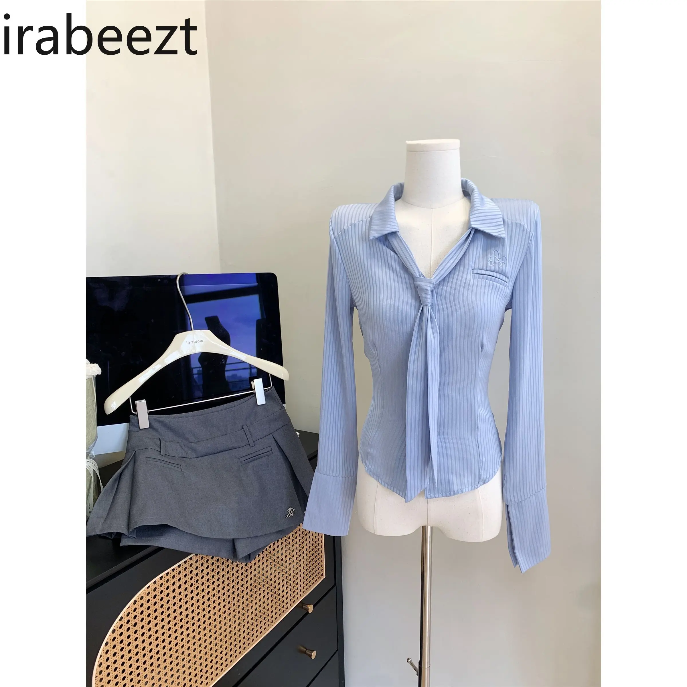 Silky Waist Slim Fit Lapel Solid Color Shirt Long Sleeves Women's Tie Top Half Skirt Pants Two Piece Suit Conjuntos De Mujer