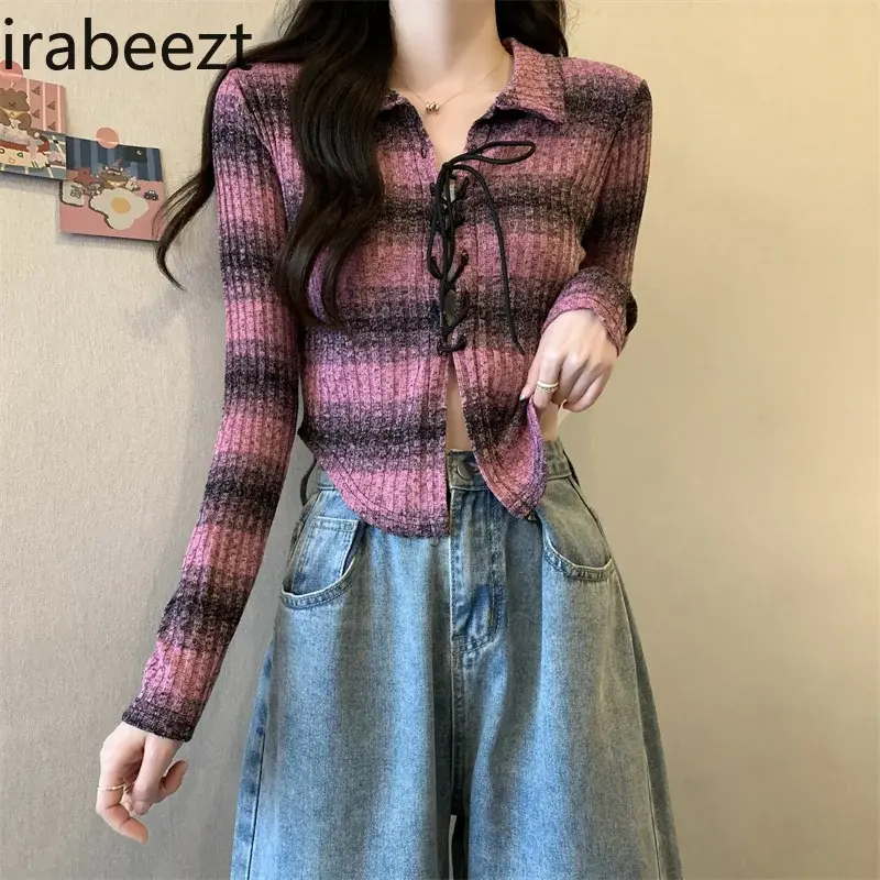 Polo Collar Long Sleeve Short Style Advanced Sense Of Design Small Niche Spice Girl American Vintage Knit Top Sueter Mujer