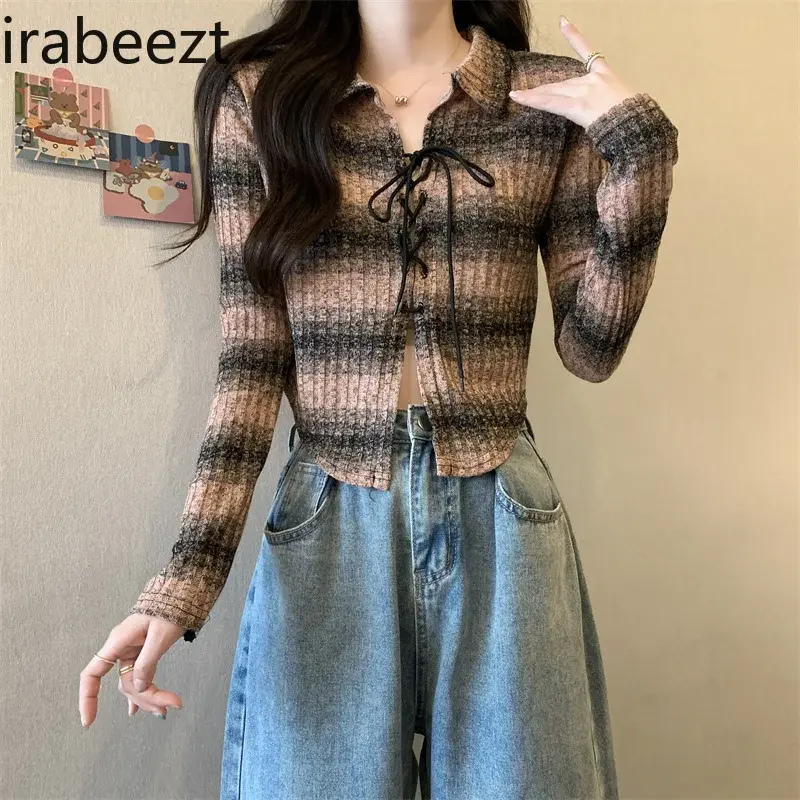 Polo Collar Long Sleeve Short Style Advanced Sense Of Design Small Niche Spice Girl American Vintage Knit Top Sueter Mujer