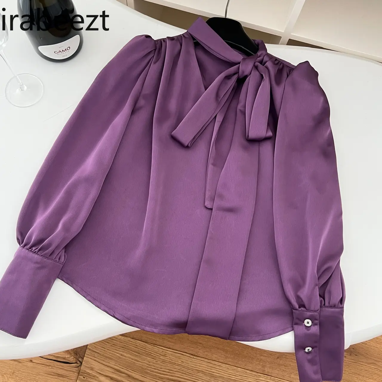 Taro V-neck Ribbon Satin Shirt + Dark Night Purple Velvet Skirt Women Two Pieces Set Regular Fit Costume Deux Pieces Femme