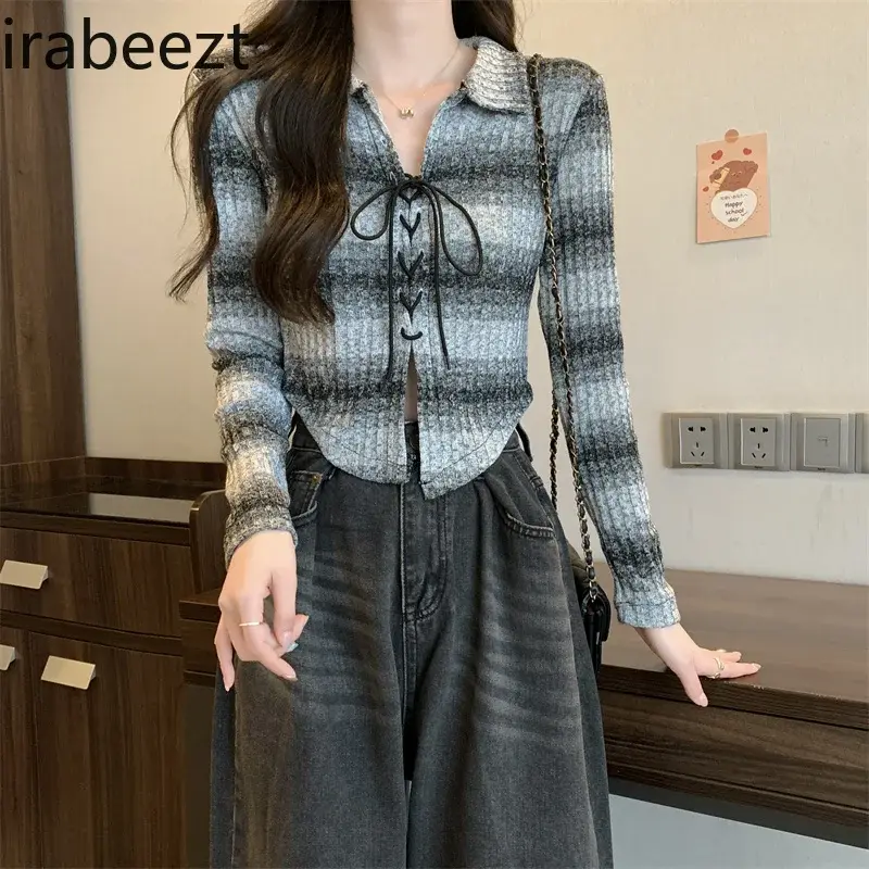 Polo Collar Long Sleeve Short Style Advanced Sense Of Design Small Niche Spice Girl American Vintage Knit Top Sueter Mujer