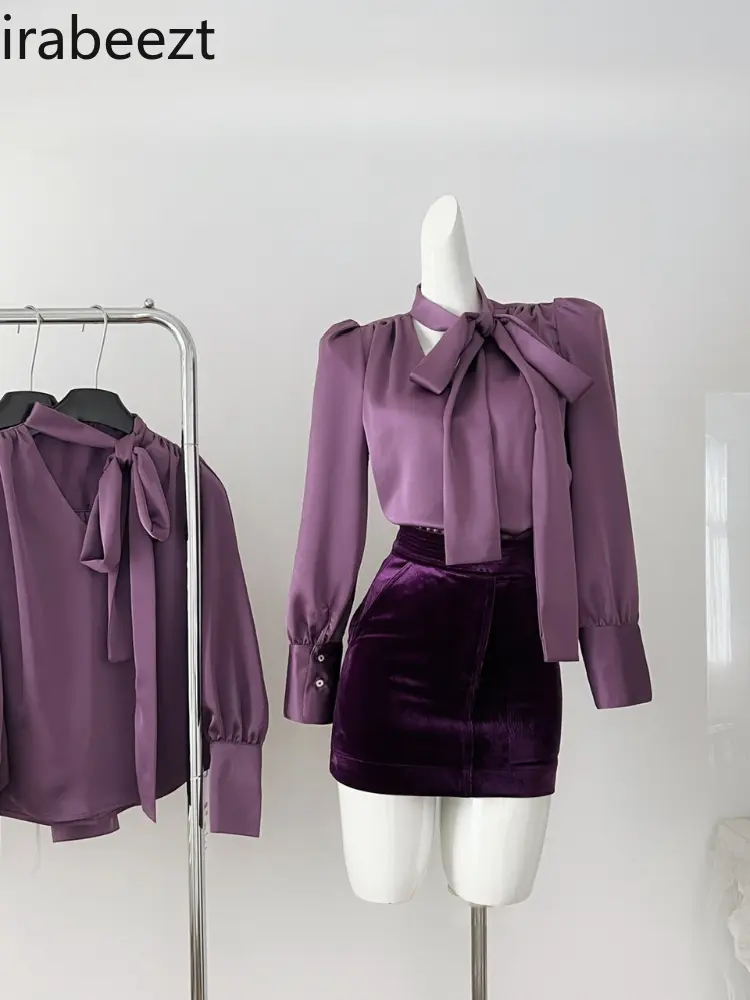 Taro V-neck Ribbon Satin Shirt + Dark Night Purple Velvet Skirt Women Two Pieces Set Regular Fit Costume Deux Pieces Femme