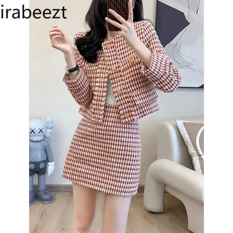 Women 2024 Autumn New Fashion Temperament Small Top Skirt Two-piece Set Elegant Costume Deux Pieces Femme Conjunto Feminino