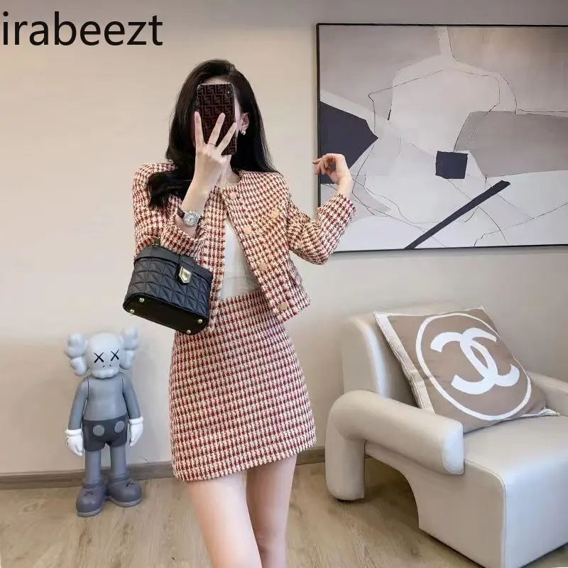 Women 2024 Autumn New Fashion Temperament Small Top Skirt Two-piece Set Elegant Costume Deux Pieces Femme Conjunto Feminino