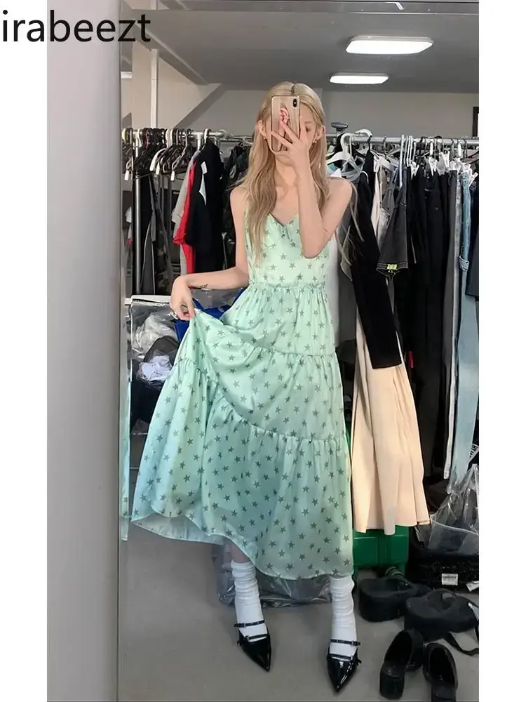 Korean Version of Simple Temperament Star Print Slip Robe Collar Loose Niche Design Sense Mint Green Dress Women