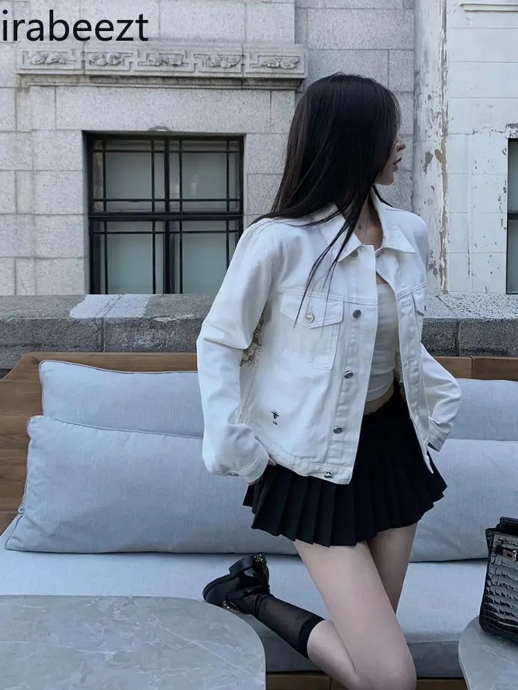 Women's Spring Oversize Slimming Top Fashion Streetwear Women Clothing Sobretudo Feminino Casual Printed Denim Coat
