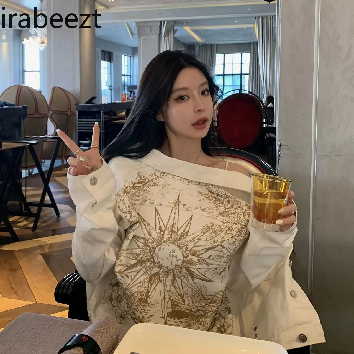 Women's Spring Oversize Slimming Top Fashion Streetwear Women Clothing Sobretudo Feminino Casual Printed Denim Coat