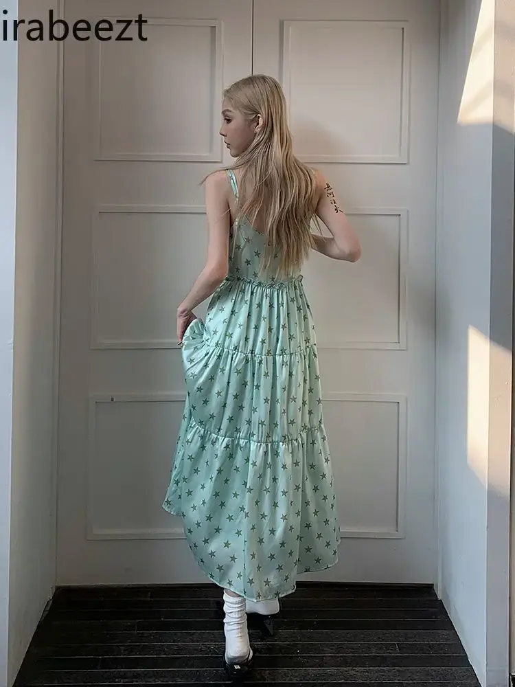 Korean Version of Simple Temperament Star Print Slip Robe Collar Loose Niche Design Sense Mint Green Dress Women
